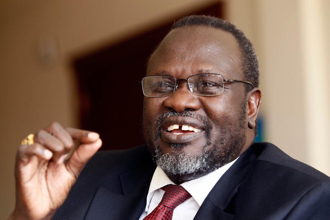 South Sudan’s rebel leader Riek Machar speaks during an interview with Reuters in his office in Addis Ababa